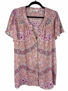 Rose + Olive Paisley Flutter Sleeve Blouse Top Purple Teal Orange 1X